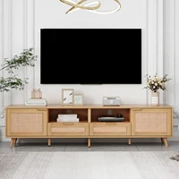 Rattan TV Stand for TVs up to 85'', Modern Farmhouse Media Console, Entertainment Center with Solid Wood Legs, TV Cabinet for Li 2