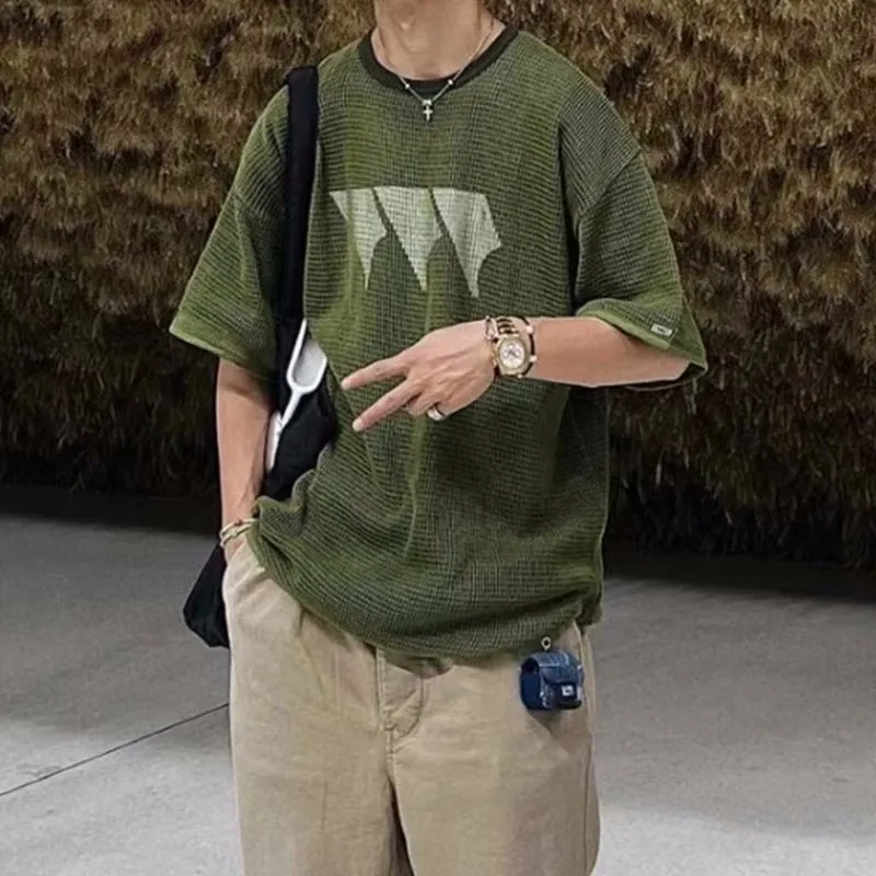 

Japanese Brand Men's Summer T-shirt Men's Casual Loose Double Layer Mesh Print Short Sleeve T-shirt Street Hip-hop Couple Tee