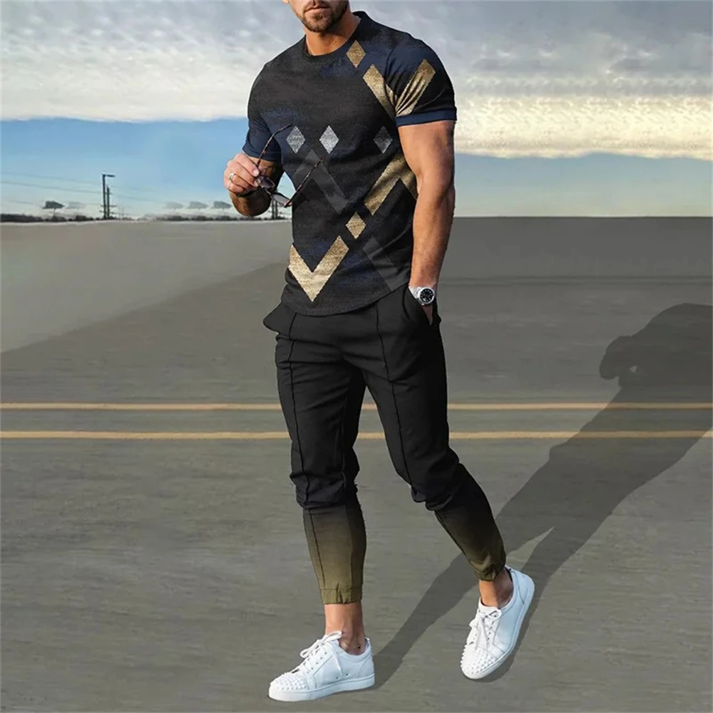 Summer Tracksuits Men's Suit Casual Trousers Set Print Stripe Short Sleeve T Shirt Round Neck Men Clothing 2 Piece Outfits 2