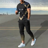 Summer Tracksuits Men's Suit Casual Trousers Set Print Stripe Short Sleeve T Shirt Round Neck Men Clothing 2 Piece Outfits 2