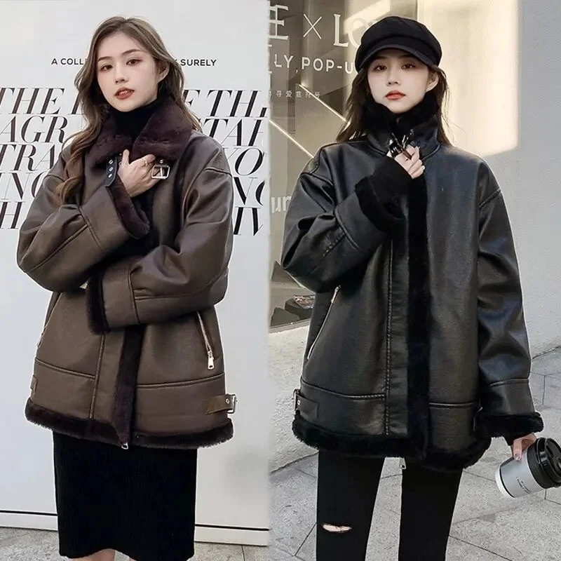 Motorcycle Leather Coat For Women 2023 New Winter Standing Collar Plush Thick Jacket Fur Fur Integrated Lamb Fur Coat For Women