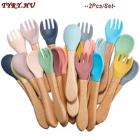 TYRY.HU 2PCS Baby Bamboo Fork Silicone Wooden Baby Feeding Spoon Toddlers Infant Feeding Accessories Organic BPA Free Food Grade 2