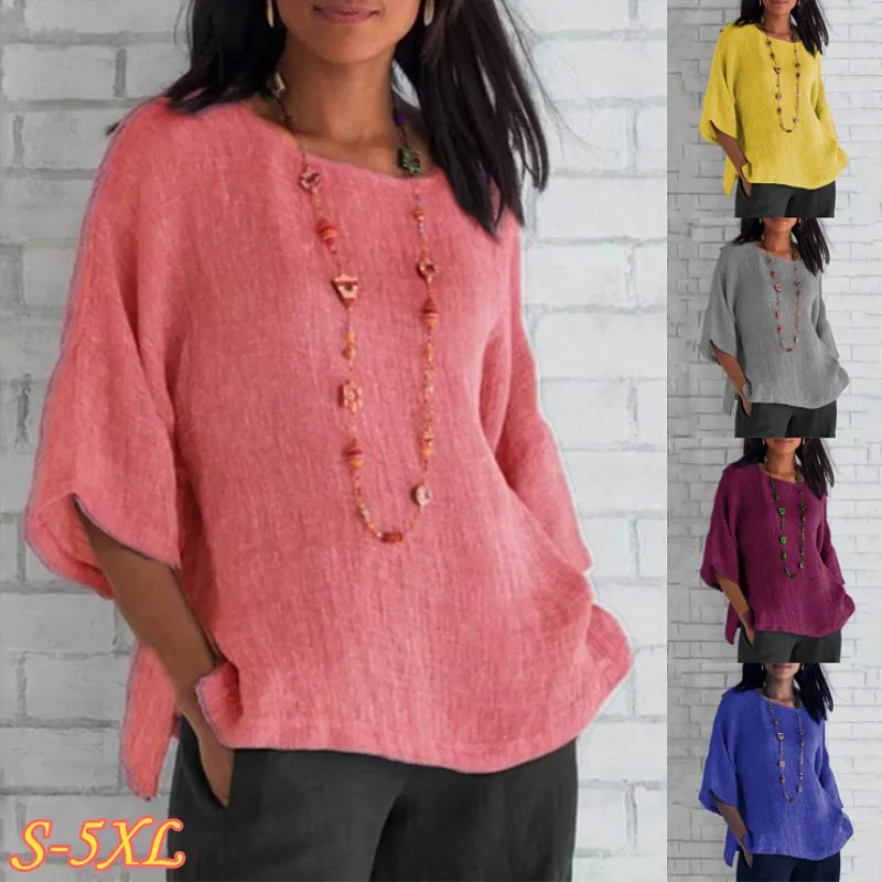 

New Large Women's Long Sleeve Shirts Fashion Cotton Hemp Tops Round Neck Solid Female Loose T-shirt Shirts And Blouses