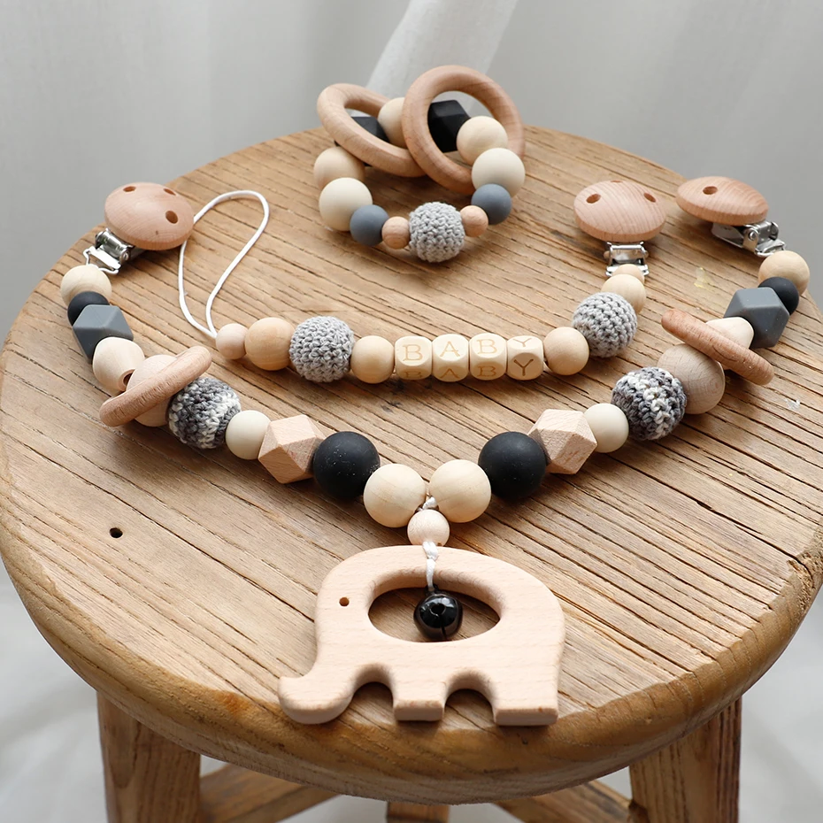 

Wooden Teether Baby Play Gym Pacifier Clip Chain Silicone Beads Personalize Dummy Clip Baby Teether Stroller Toys Pram Clip Bell