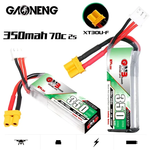 3-10PCS GNB Gaoneng 2S 350mah 7.6V 60C/120C Lipo Battery XT30 or PH2.0 Plug for BETAFPV Beta75X Tiny Whoop Drones Small Car 4