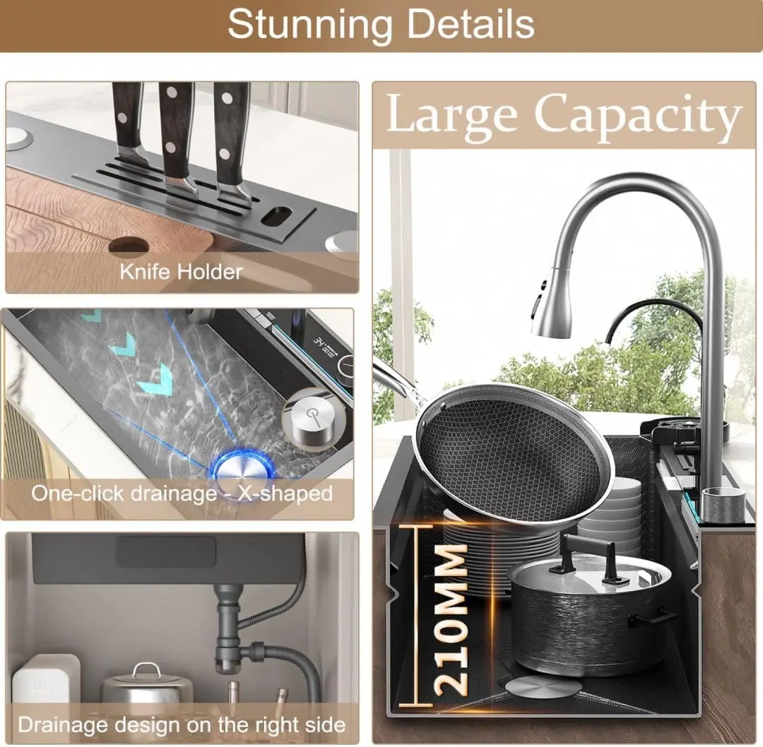 Black Kitchen Sink Twin Waterfall Kitchen Sink 31.5" Stainless Steel Single Bowl Sink with Faucet, Modern Honeycomb Workstation 5