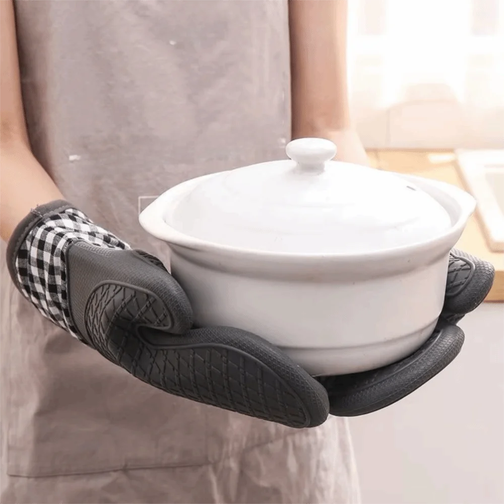 2pc Practical Silicone Oven Gloves Thickened Extended Microwave Mitts Heat Resistant Non-slip Anti Scalding Gloves Cooking