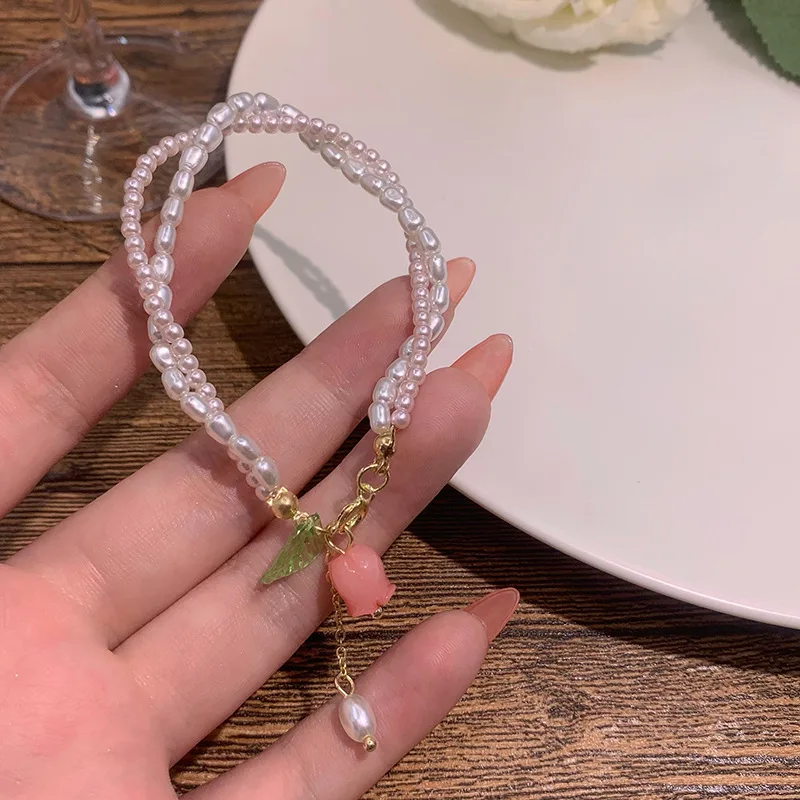 S9f6639e5daa5492c8fa584cc9e577dbbl New Design Sweet Vintage Pearl Lily Flower Bracelet for Women Korean Cute Tassel Pink Peach Pendant Bracelet Aesthetic Jewelry Mallzona