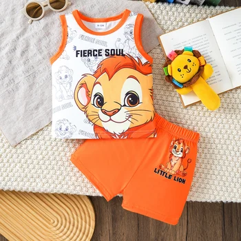 2pcs Summer Baby Boys Lion King Print Tank Top Set, Fierce Soul Graphic, Casual Daily/Outdoor Play, 9-12M, Contrast Trim Vest 1