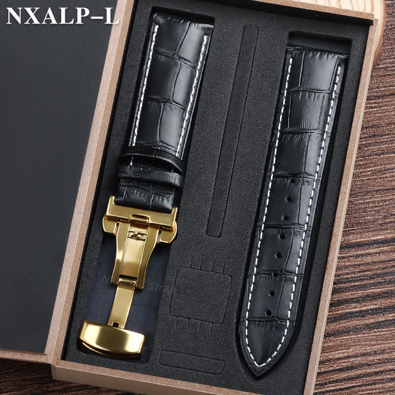 Luxurious Genuine Leather Watch Strap with Elegant Butterfly Clasp and Wooden Gift Box