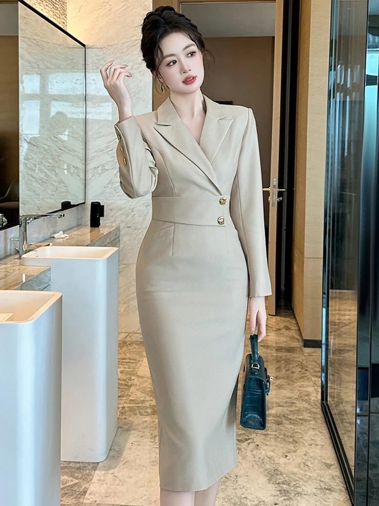 Fashion Elegant OL Dress Women Clothes Professional Business Style Long  Sleeve Pockets Midi Robe Office Lady Work Vestido Spring