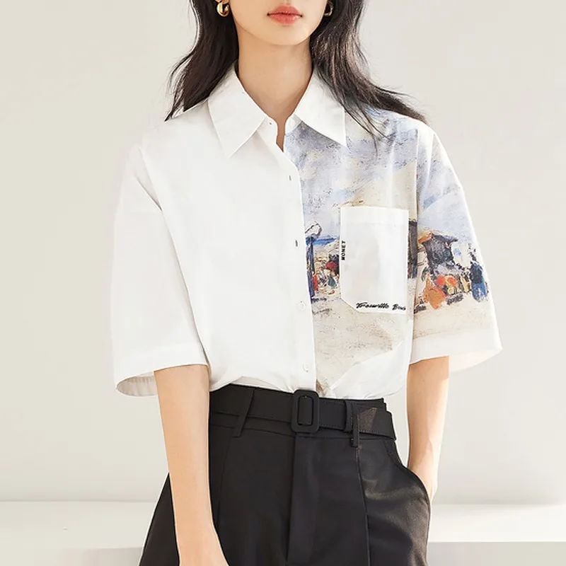 

Шифоновая женская рубашка Весна/лето, повседневные блузки с принтом, свободные женские топы с воротником-поло, модная одежда с коротким рукавом YCMYUNYAN