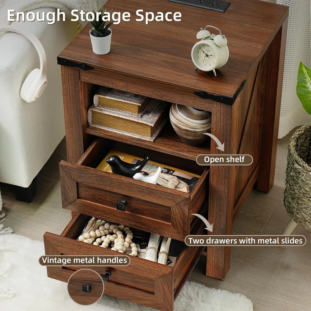Nightstand with Charging Station and USB Port, Farmhouse Side End Table with 2 Drawers and Open Shelf 5