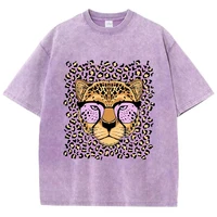 Vintage Womens Acid Wash T-Shirts Leopard Cartoons Printing Tees Crewneck Cotton Oversize Short Sleeve Fashion Female Clothes - Image 3