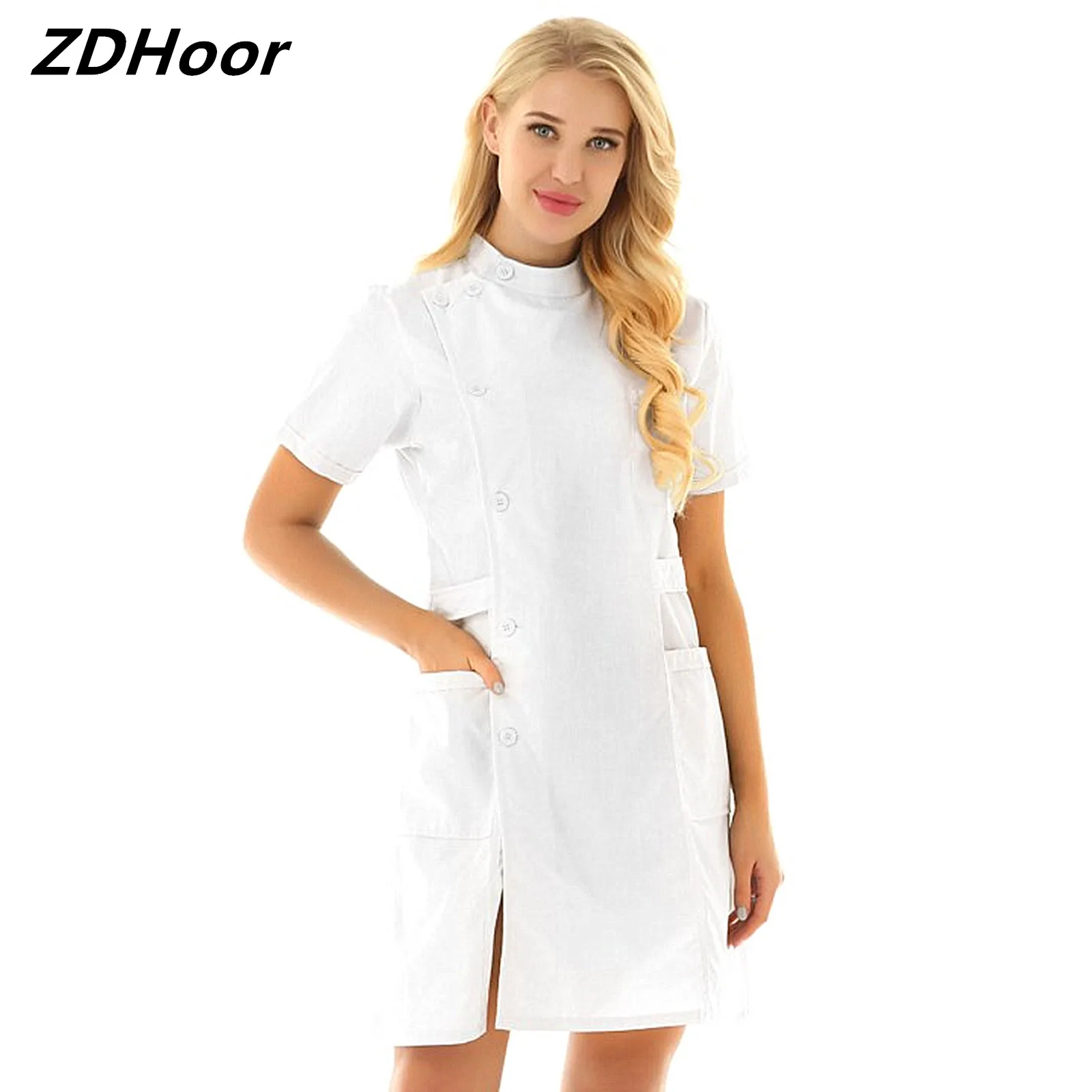 Womens Nurse Uniform Dresses Mandarin Collar Short Sleeve Slanting Button Front Medical Hospital Nurse Scrub Lab Coat Dress nurse uniform dress