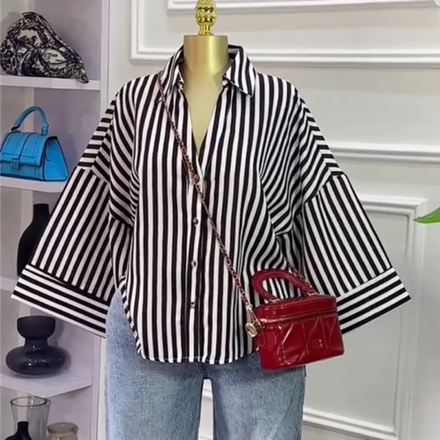 Femmes haut chemisiers chemise col rabattu manches longues hauts rayé Y2k Streetwear élégant épissure chemises décontracté travail ample automne 1