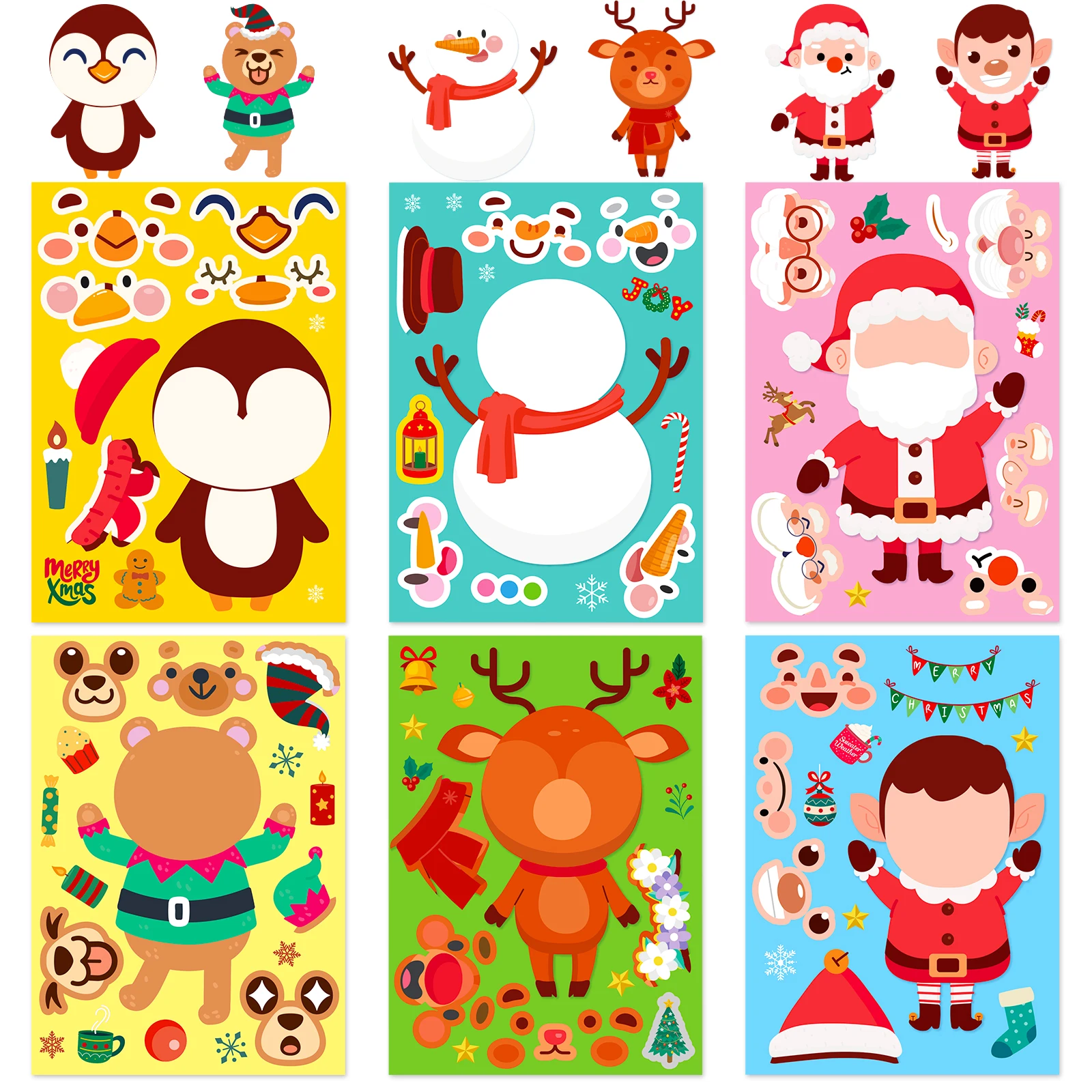 

6Sheets Kids Christmas Make Your Own Stickers Santa Snowman Elk Penguin Bear Face Stickers Xmas Party Favors Decorations Decal