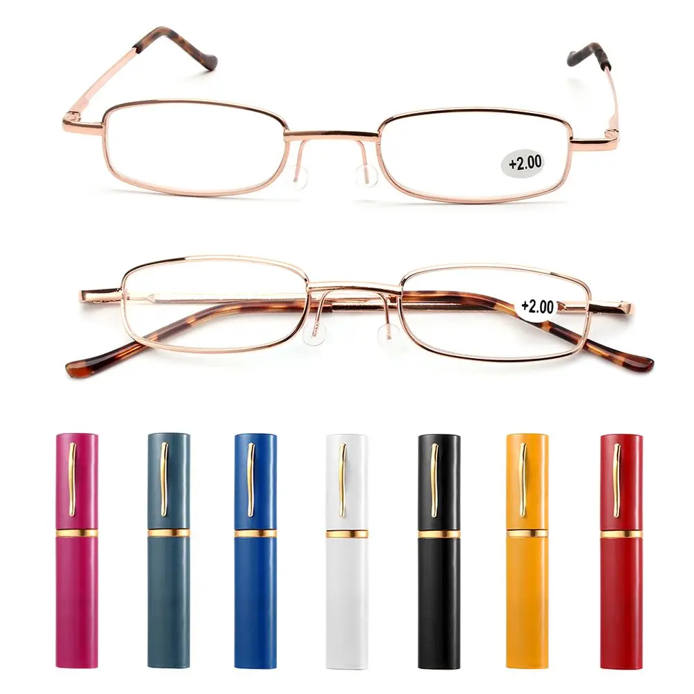 +1.00~+4.00 Small Compact Metal Case Eyeglass Presbyopic Glasses Portable Reading Glasses with Pen Tube Case