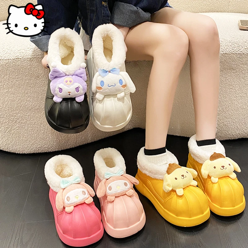 

New Sanrio MyMelody Kuromi Cinnamoroll Snow Boots Kawaii Anime Girl Winter Home Non Slip Outer Wear Thick-soled Plush Snow Boots