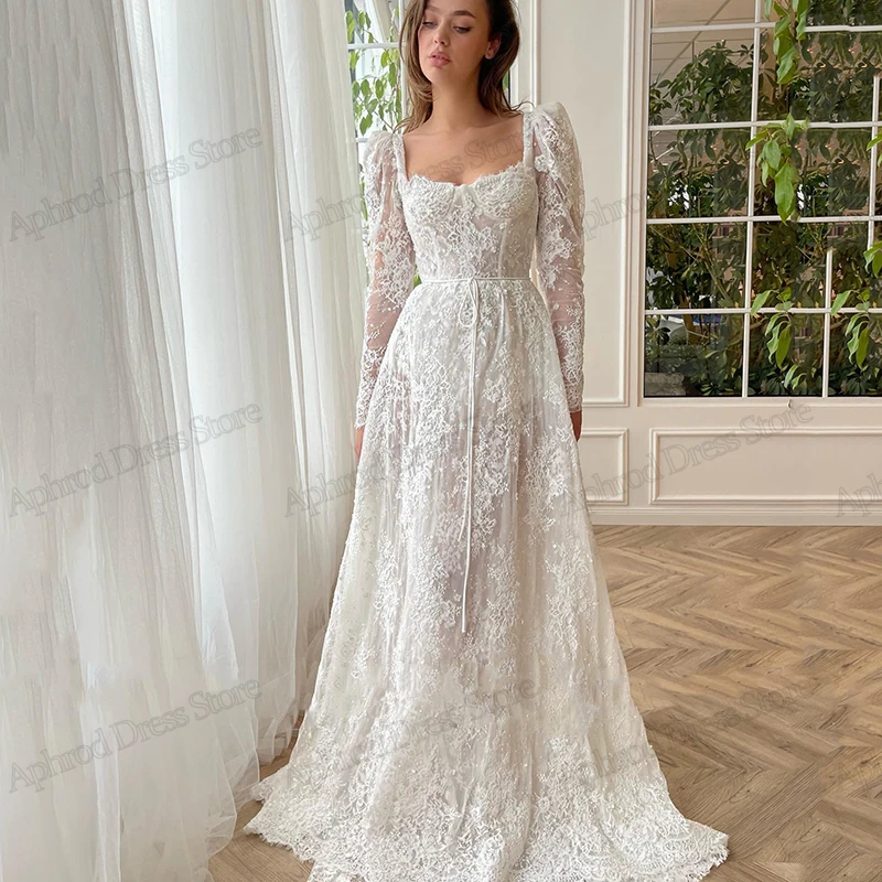 Exquisite Wedding Dresses A-Line Bridal Gowns Lace Appliques Full Sleeves Square Robes Glamorous Vestidos De Novia Customized 2