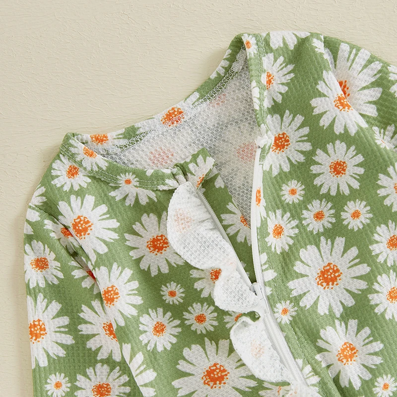 Baby Girl Footed Romper Long Sleeve Round Neck Daisy Print Ruffled Full Length Jumpsuit with Headband