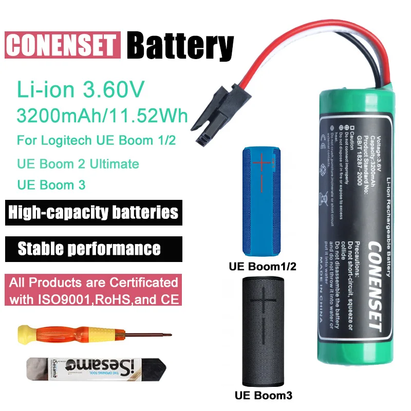 Batteria Audio Conenset Per Logitech Ue Boom 1/2 Ue Boom 2 Ultimate Ue Boom 3, Adatto A 00798-601-8207, Li-Ion 3.6V 3200Mah / 11.52Wh