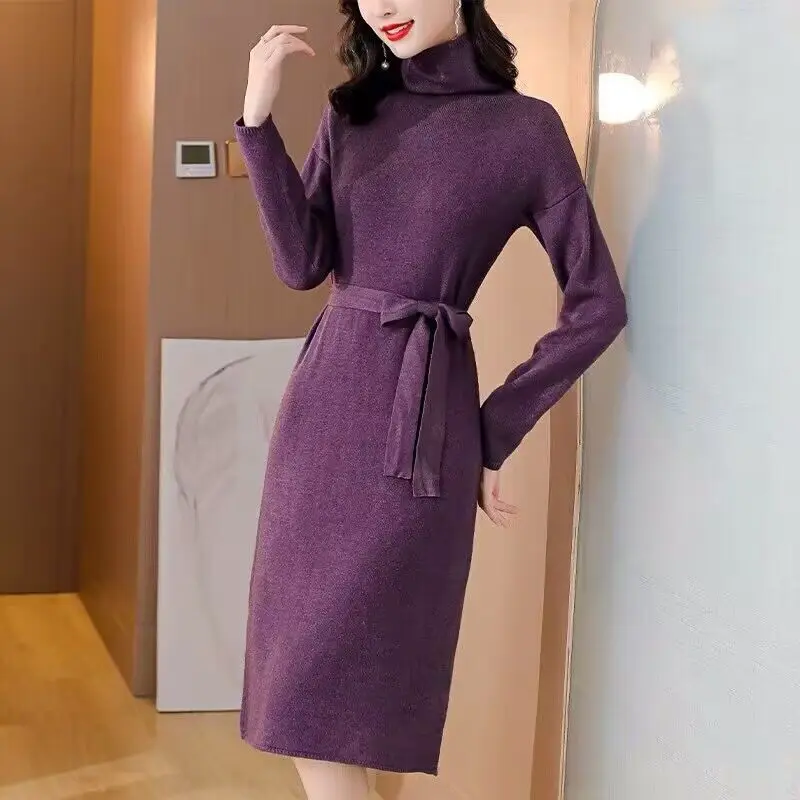 

Autumn And Winter High-End Purple Knitted Dress Fashion Turtleneck Long Sleeve Bottoming Sweater Dress Sashes Midi Pullover T568