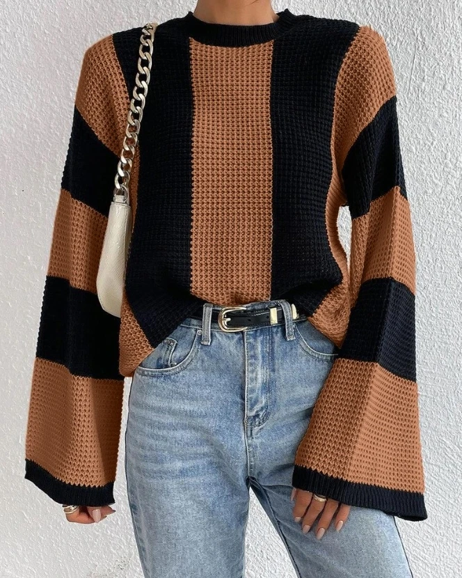 

Knitted Sweater for Women Striped Colorblock Autumn Winter Basic Soft Sweaters Women Round Neck Sweater Soft Pullovers Sweaters