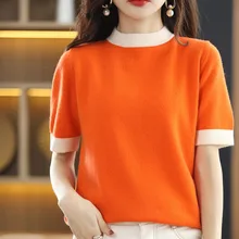 

100% Wool Sweater Women's T-Shirt Spring and Summer New Round Neck Colorblock Pullover Short Sleeve Loose Knitted All-Match Base