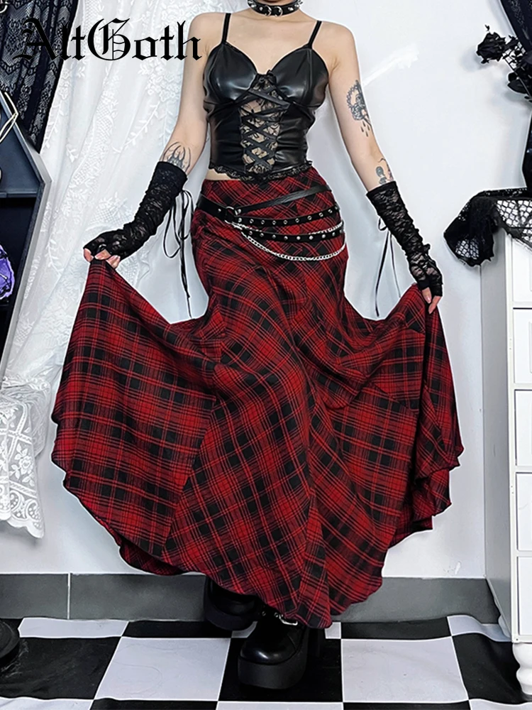 

AltGoth Vintage Gothic Red Plaid Skirt Women Harajuku Streetwear Cyber Y2k High Waist Trumpet Skirt Aesthetic Coquette Partywear