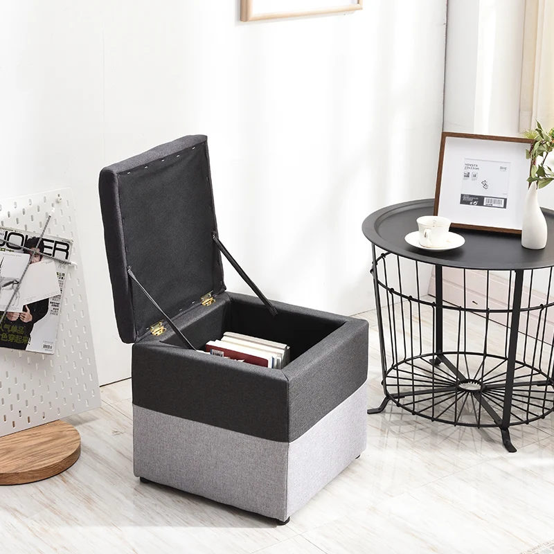 Minimalist Wooden Storage Ottoman with Fabric Seat