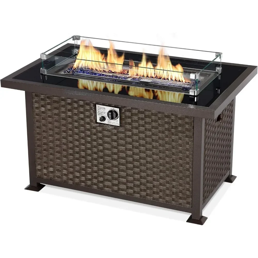44in Outdoor Propane Gas Fire Pit Table, 50,000 BTU Auto-Ignition Gas Firepit with Glass Wind Guard