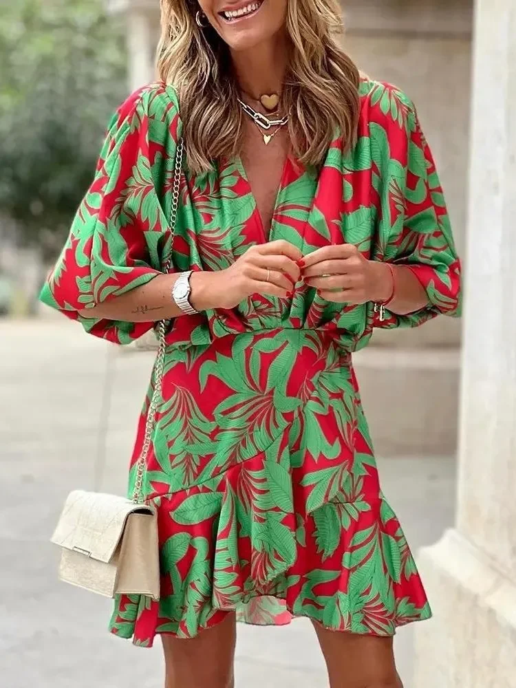 

Fall New Fashion Batsleeve Print Women's Dresses Fashion Deep V Neck Irregular Hem Sexy Party Elegant Female Beach Holiday Dress