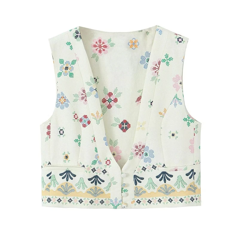 

2023 Summer New Women's V-neck Sleeveless All-match Fashion Linen Blended Printed Vest Casual Temperament Short Top