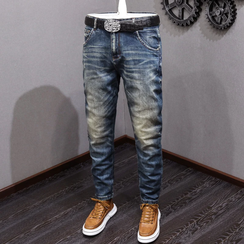 Vintage Fashion Men Jeans High Quality Retro Blue Elastic Slim Fit Ripped Jeans Men Trousers Casual Designer Denim Pants Hombre