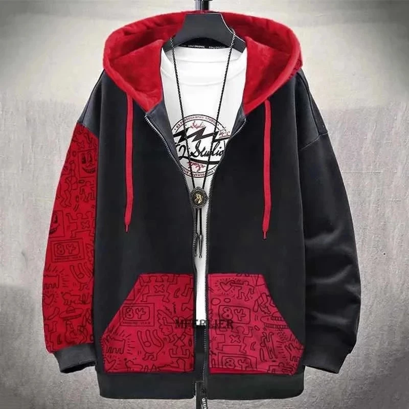 

autumn winter men fleece cardigan sweatshirts hooded sports patchwork cartoon plus size 10XL warm hoodies sweatshirt coat