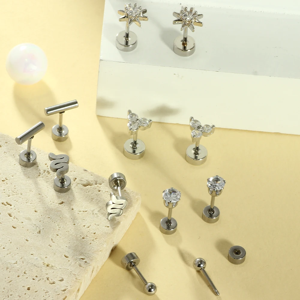 Ohrringe mit flacher Rückseite für Damen, hypoallergene Ohrstecker aus Stahl für empfindliche Ohren, Edelstahl-Ohrringset mit flacher Rückseite – Detail 12