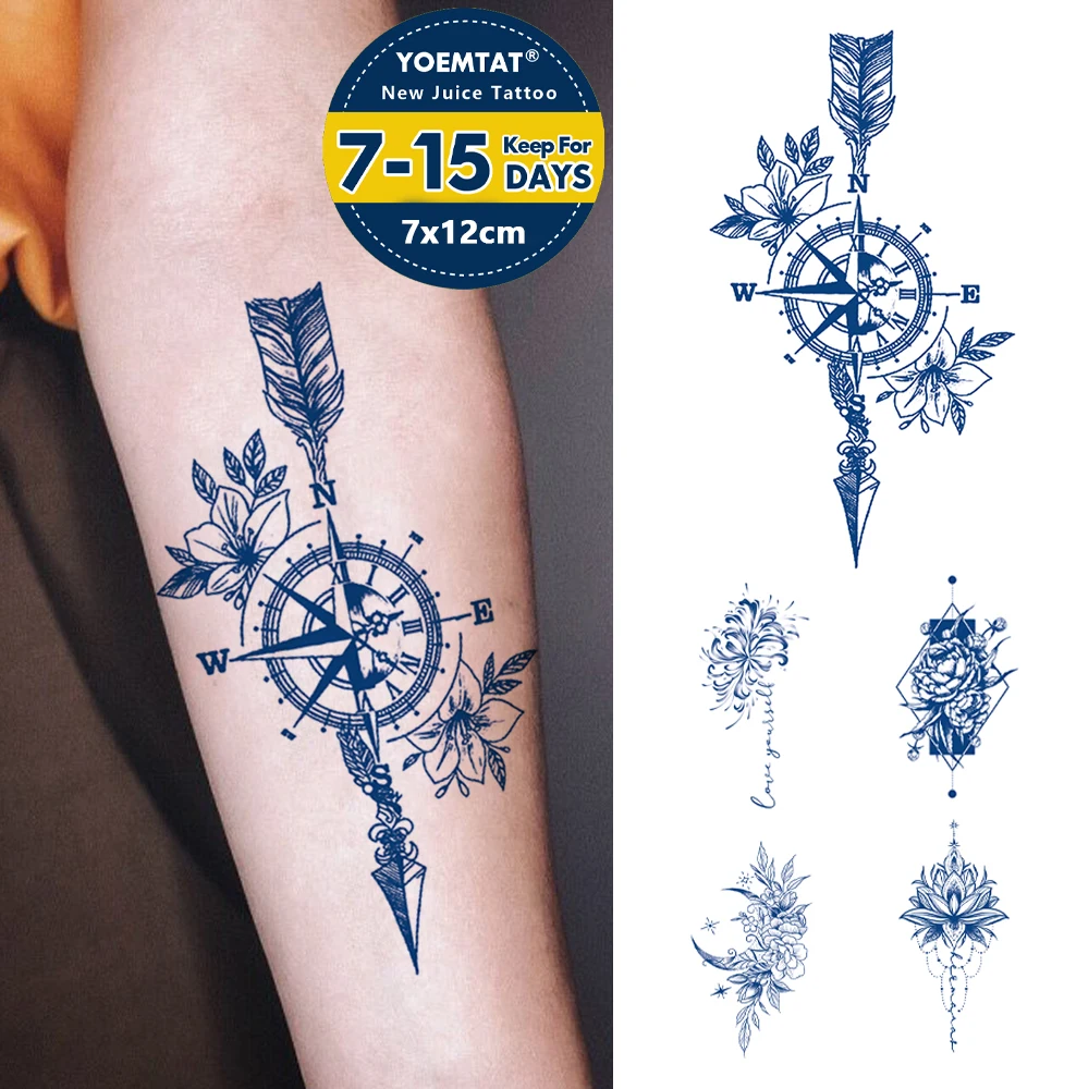 

Compass Feather Juice Ink Lasting Waterproof Temporary Tattoo Sticker Rose Flower Semi Permanent Fake Tattoos Body Art Women Arm