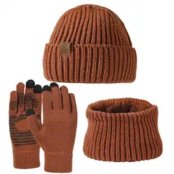 Hat Scarf Gloves Set 3pcs Unisex Winter Beanie Hat Long Scarf Touch Screen Gloves Set Solid Color Knit Neck Warmer for Men