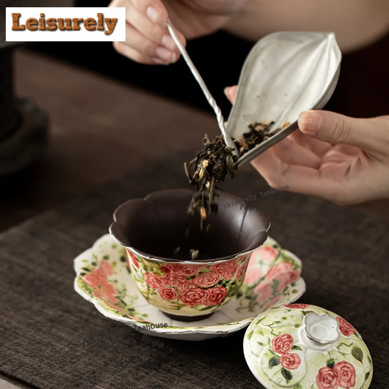 130ML Oil Painting Rose Flower Mouth Gaiwan Aesthetic Tea Tureen Tea Bowl with Lid Kit Tea Brewing Cover Bowl Tea Services Craft