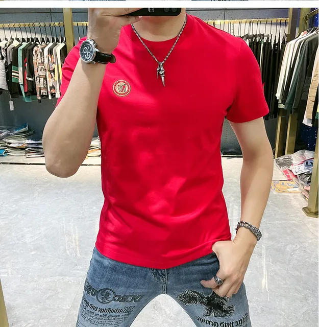 Men's Summer T-shirt New Designer Personalized Trend Mercerized Cotton  Large V-Letter Hot Diamond Slim Casual Male Tees Clothing