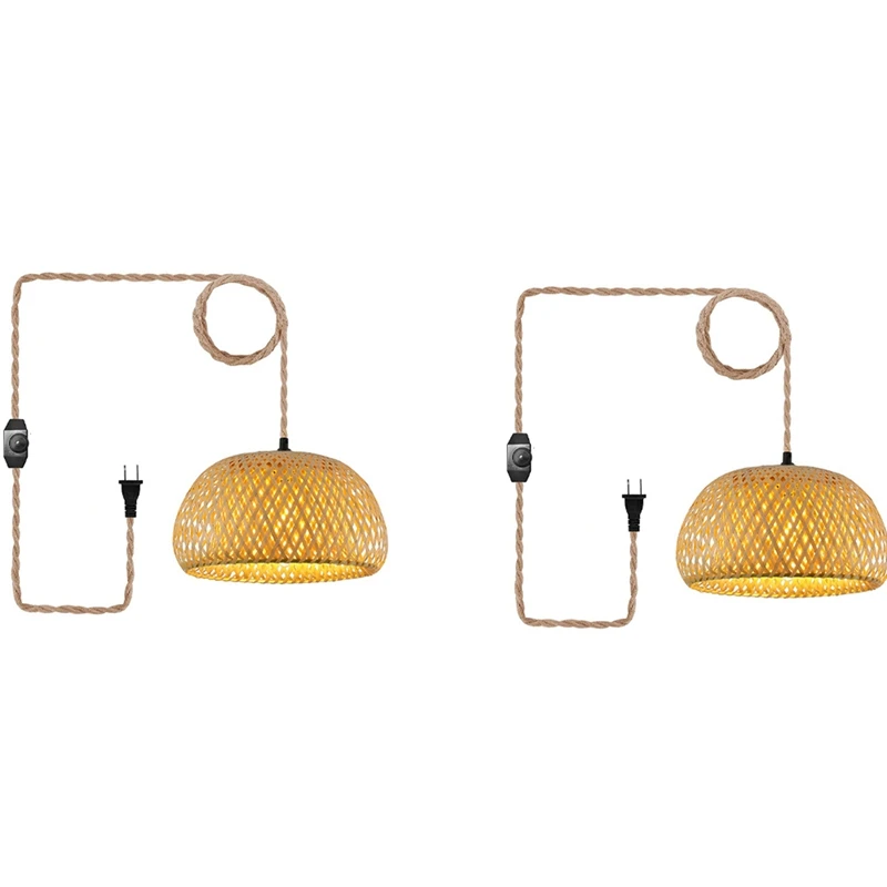 

2X Plug In Pendant Light Hanging Lamp With Switch Jute Rope Cord Bamboo Lampshade Wicker Rattan Hanging Lights US Plug