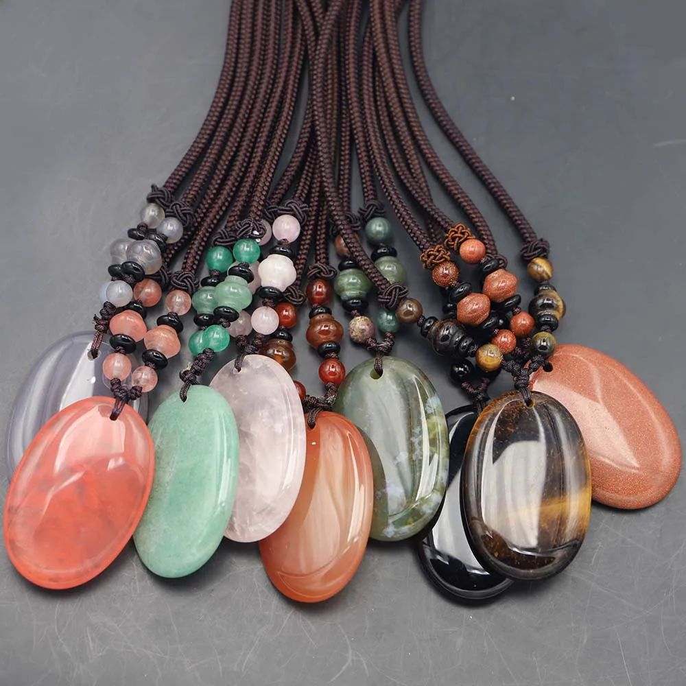 

Natural Stone Oval Crystal Agate Pendant Necklace Ethnic Style Rope Knot Sweater Chain DIY Popular Accessories Wholesale 3Pc/Lot