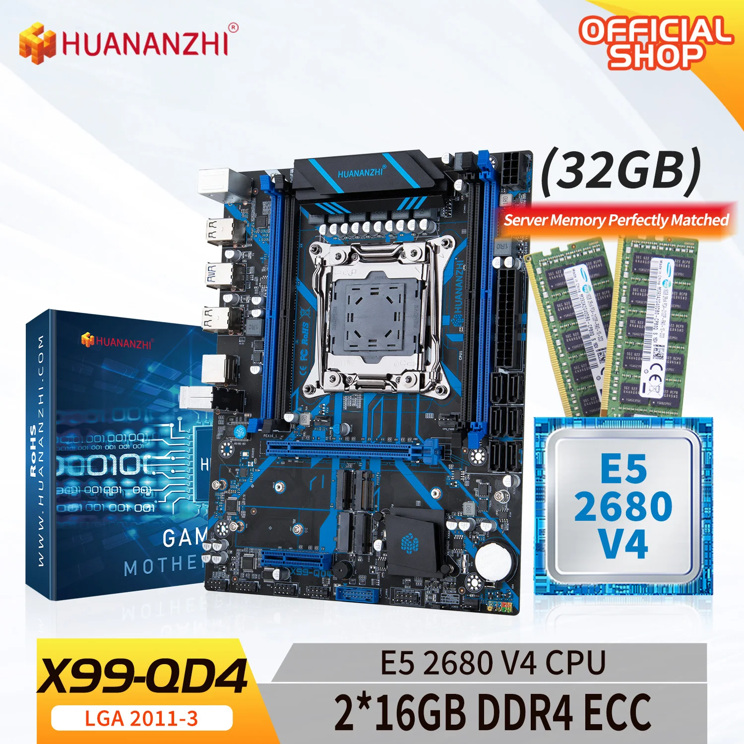 

HUANANZHI X99 QD4 LGA 2011-3 XEON X99 Motherboard with Intel E5 2680 V4 with 2*16G DDR4 ECC Memory Combo Kit Set NVME