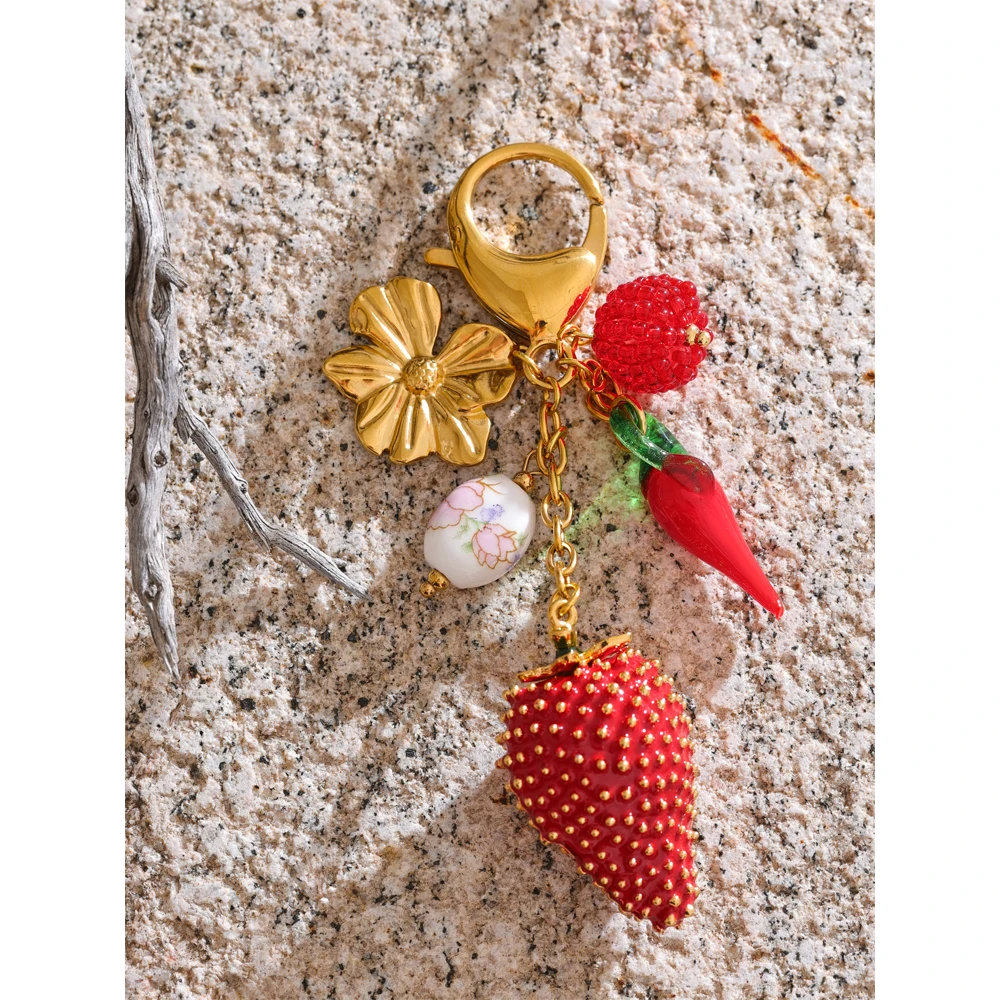 Yhpup Red Enamel Fruit Flower Strawberry Keychain Pendant Car Key Chains