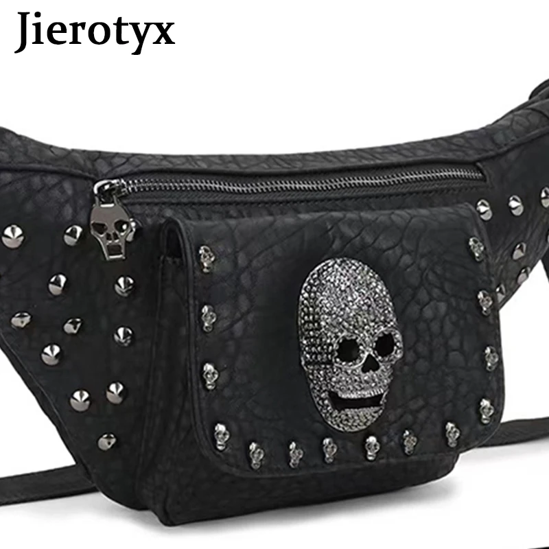 JIEROTYX Fanny Pack for Women Leather Vegan Belt Bag Goth Skull Crossbody Chest Waist Packs Hip Bumbags Vintage Rivet