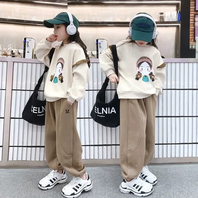 십대 소녀 만화 풀오버 스웻셔츠와 코튼 펜슬 바지로 구성된 어린이 스포츠 세트
