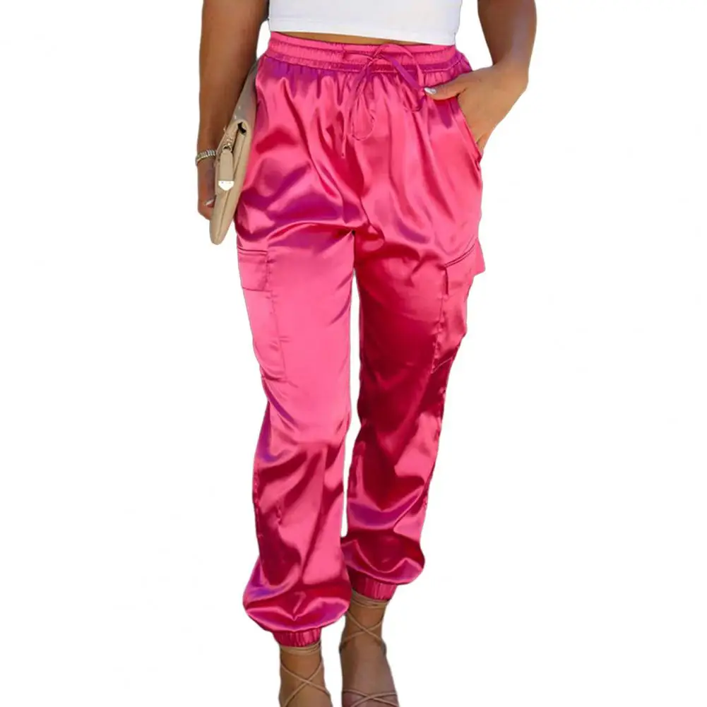 

Women Casual Shrinkable Cuffs Satin Long Pants High Waist Elastic Waistband Drawstring Solid Color Multi Pockets Sport Pants