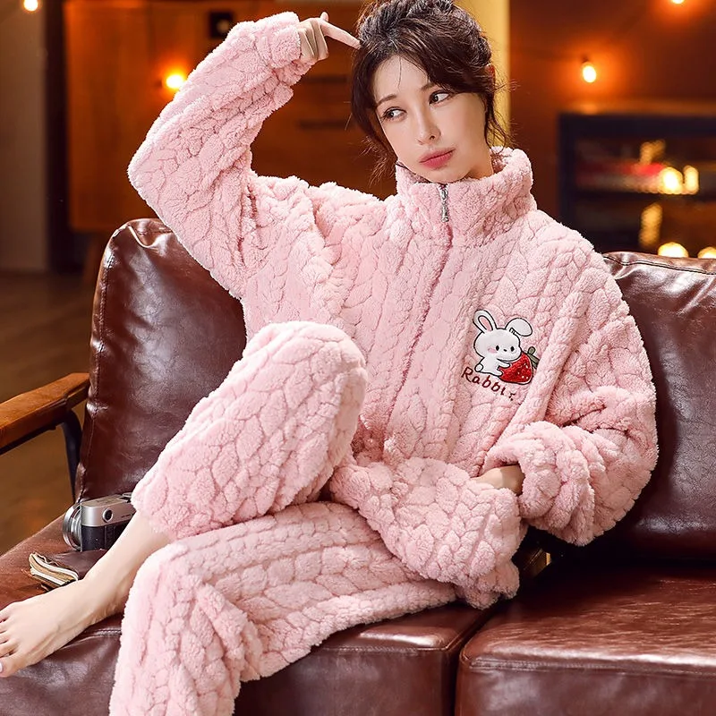 Winter Pajamas Ladies Coral Velvet Flannel Thickened Plus Sleepwear Women Household Clothing Set Famale Zipper Suit Outsidewear
