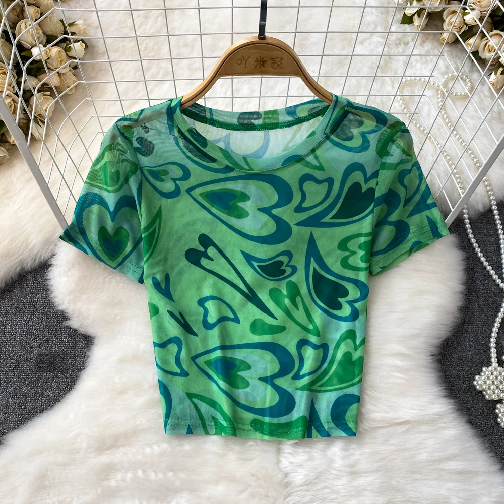 

2023 Summer Fashion Camo Halo Dyed Mesh Round Neck Pullover Top Slim Fit Short Sleeve T-shirt